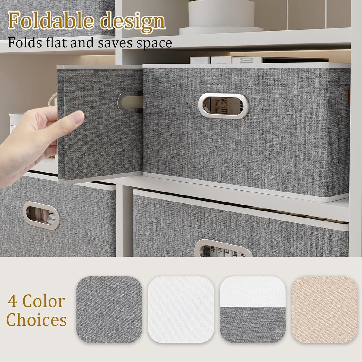 Yawinhe Fabric Storage Bins with Handles, Foldable Baskets for Shelves, Cubes with 3 Handles, Large Boxes for Clothes, Grey, 16.9''Lx11.8''Wx10.2''H, 4-Pack