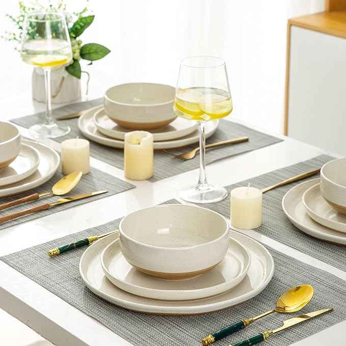 AmorArc Ceramic Dinnerware Sets with Pasta Bowls for 6, Handpainted Plates and Bowls Set with Rustic Terracotta Underside, Scratch Resistant Dishes Set, Dishwasher & Microwave Safe, 24 Pcs