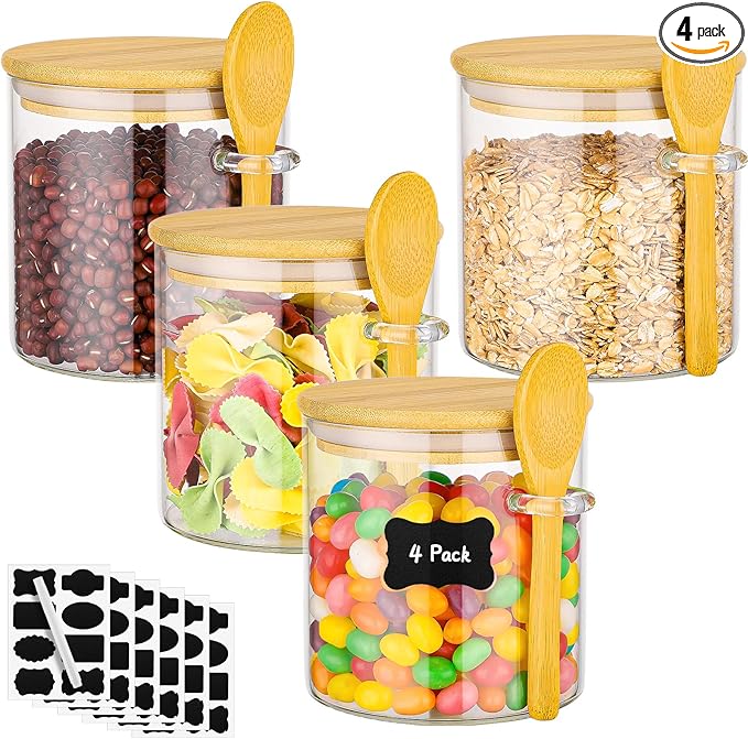 Glass Jars with Bamboo Lids Set of 4, 20 Fl.oz Round Glass Mason Jar with Airtight Lid and Spoon, Stackable Pantry Canister for Coffee, Sugar, Spice, Oats, Candy, Clear Loose Tea Containers