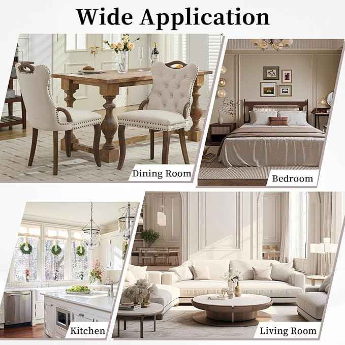 Beige Velvet Dining Chairs Set of 6，Modern Upholstered Dining Room Chairs with Tufted Back and Wood Accents, Curved Solid Wood Legs & Nailhead Trim, Sillas De Comedor Modernas 6