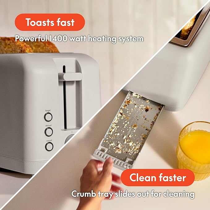 bella 4 Slice Slim Toaster, Fits-anywhere™ Kitchenware, 6 Setting Shade Control with Reheat & Cancel Buttons, Fits Sourdough, 10” Long Slot, Anti Jam & Auto Shutoff, 900 Watt, Oatmilk
