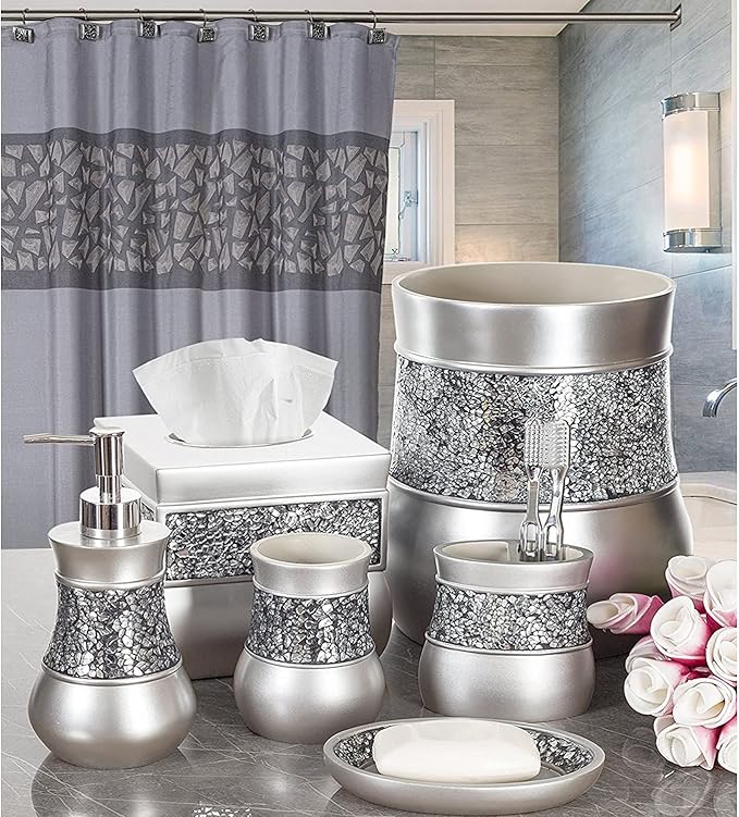Creative Scents Crackled Glass Silver Bathroom Accessories Set Complete - 6 Piece Bathroom Accessory Set Includes: Trash Can, Tissue Box Cover, Soap Dispenser, Toothbrush Holder, Soap Dish & Tumbler