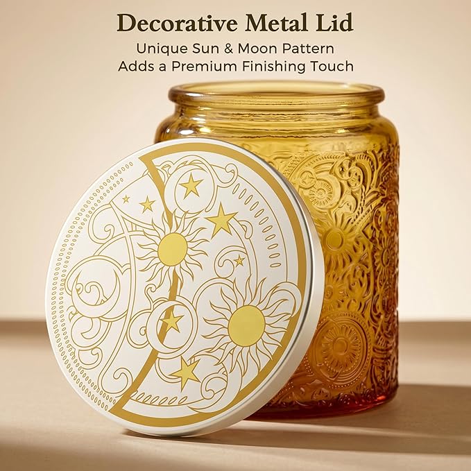 Art Secret 9-Pack 8oz Embossed Glass Candle Jars with Lids and Labels - Sun Moon Stars Design (Orange)