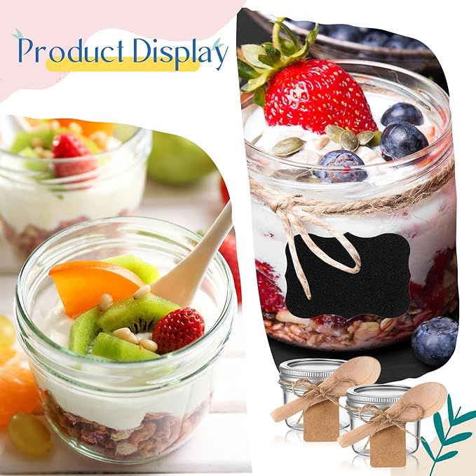 Baderke 20 Set Mini Mason Jars with Wood Spoon 4 oz Mini Jam Jars with Lids and Labels, Small Glass Canning for Jelly Spice Herbs Honey Storage Bridal Shower Wedding Favors DIY Candles(Silver)