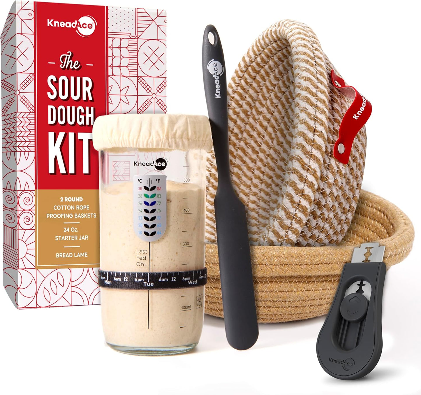 KneadAce Sourdough Starter Kit (24oz Jar, 2xRound Baskets, Gray Bread Lame)