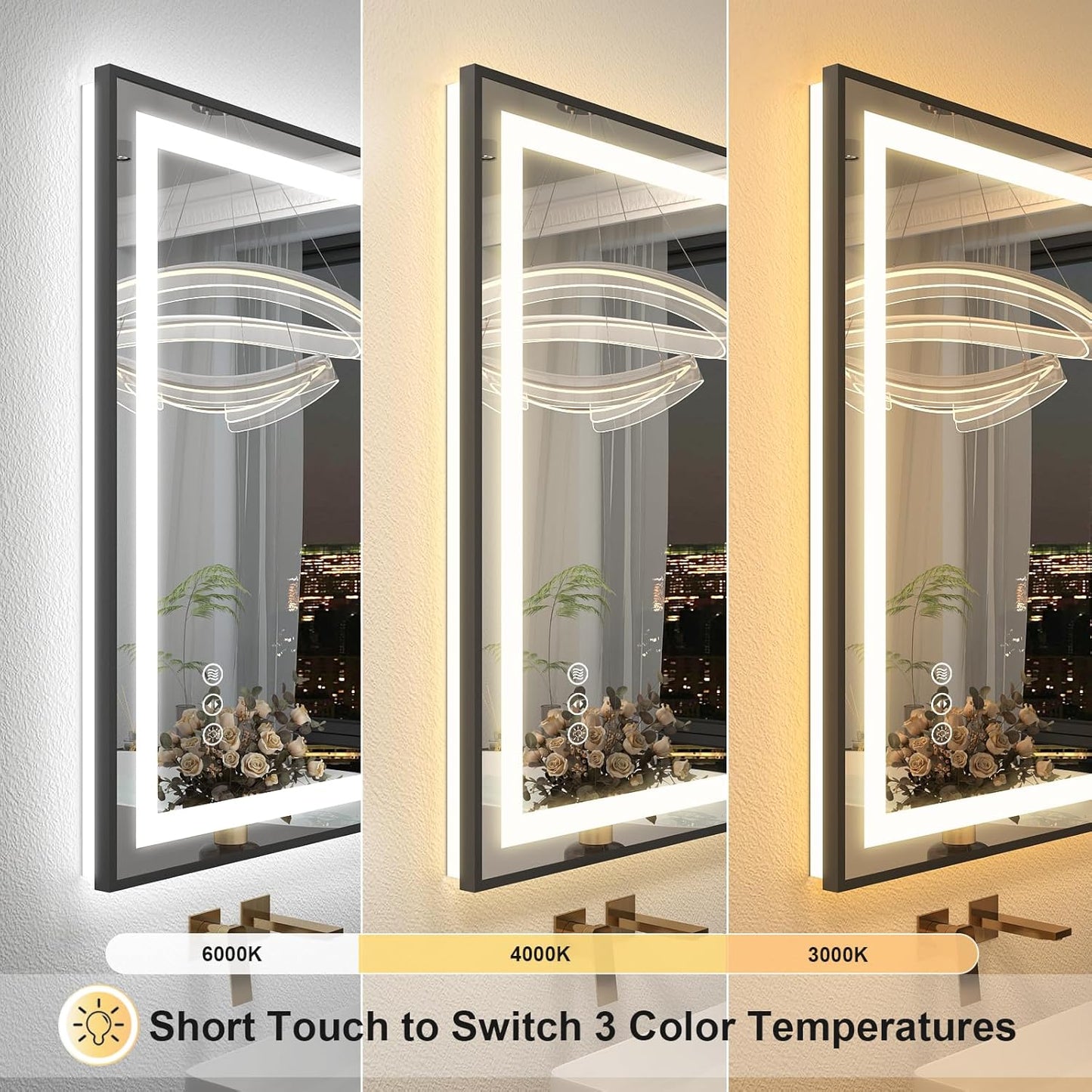 OKPAL 30x36 Framed LED Bathroom Mirror, Black Lighted Mirrors for Bathroom Wall, Front and Backlit LED Vanity Mirror, Dimmable, Anti-Fog, Memory, Shatterproof, Horizontal/Vertical