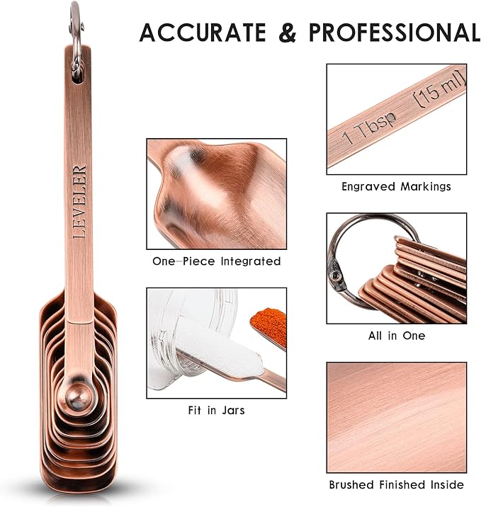 Copper Measuring Cups and Spoons Set 17, Stainless Steel 7 Measuring Cup and 9 Spoons for Dry & Liquid, Metric & US Metal Measuring Cups and Spoons Set &Leveler for Baking & Kitchen
