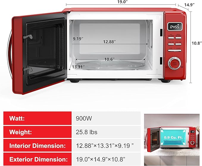 Galanz GLCMKZ09RDR09 Retro Countertop Microwave Oven with Auto Cook & Reheat, Defrost, Quick Start Functions, Easy Clean with Glass Turntable, Pull Handle, 0.9 cu ft, Red