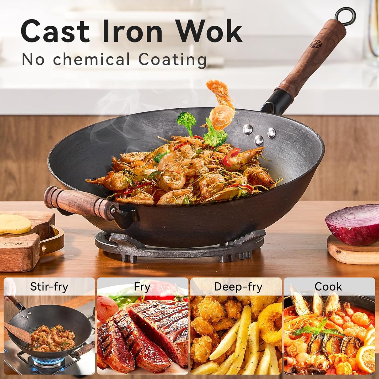 WANGYUANJI Cast Iron Wok,12.59 inch Flat Bottom Wok with Glass Lid,Suitable for All Cooktops, Uncoated Craft Pot Healthy Cooking Pot