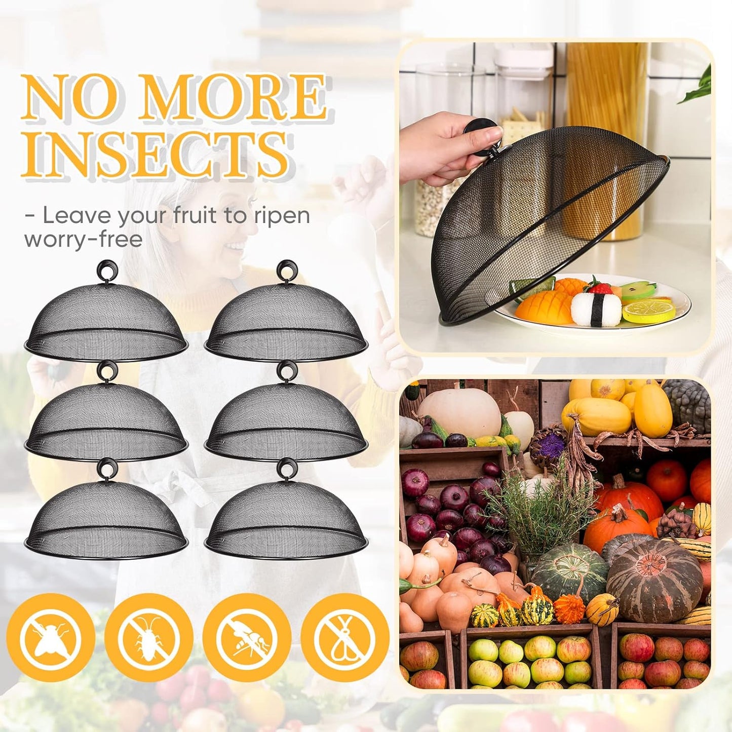 Gerrii 6 Pcs Metal Mesh Food Cover Outdoor Mesh Food Tents Dome Screen Plate Covers for Dinner Plates Reusable Fruit Fly Nets Picnic Food Umbrella for Table, BBQ, Camping, Party (Black,11 Inch)