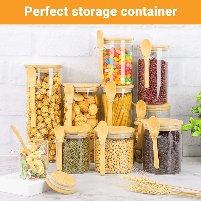 Glass Containers with Bamboo Lids and Spoon - 4 Pack 32 Fl.oz Round Glass Storage Jars Set, Includes Labels and Marker, Kitchen Pantry Container for Loose Leaf Tea, Sugar, Coffee, Cookie, Oats
