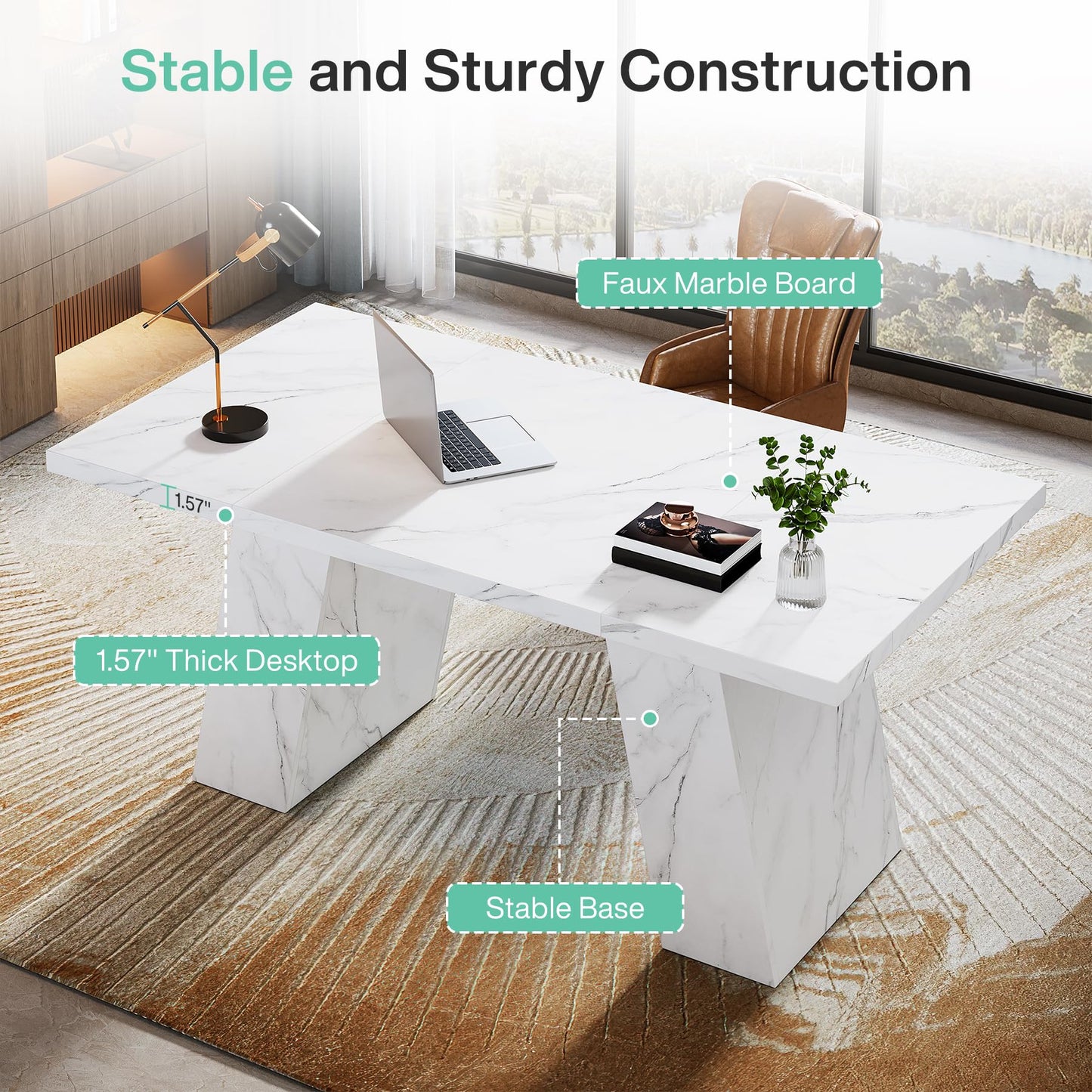 Tribesigns Modern Executive Desk, 63" Wooden Faux Marble Computer Desk with Base for Writing, White Large Simple Rectangular Workstation for Office, Conference, Meeting Room, Business Furniture & Home
