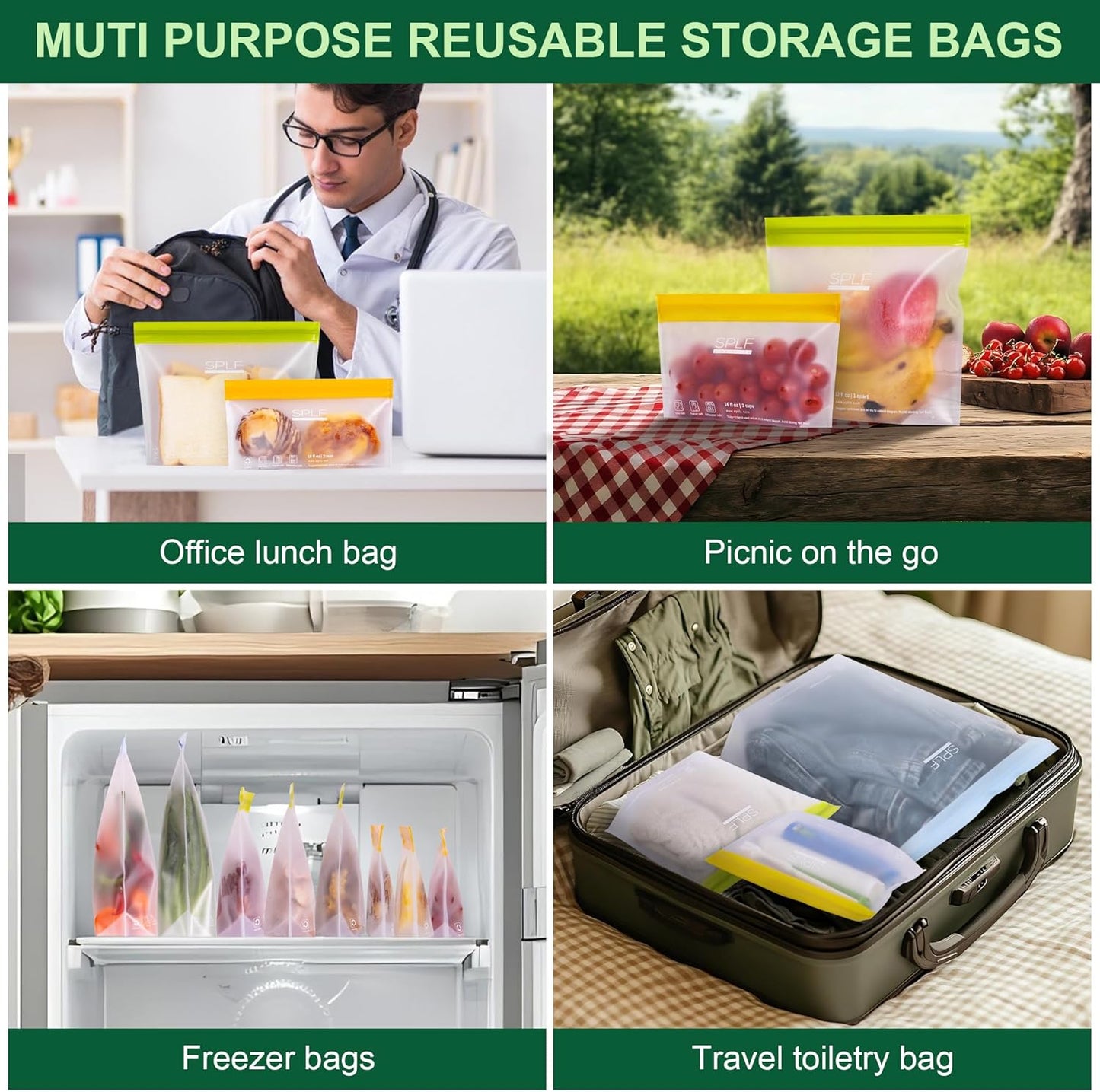 SPLF 10 Pack Stand-Up Reusable Food Storage Bags Dishwasher Safe, BPA Free Reusable Freezer Bags, Extra Thick Leakproof for Meal Prep, Sandwich, Bread, Veggies - 3 Gallon 4 Quart 3 Snack