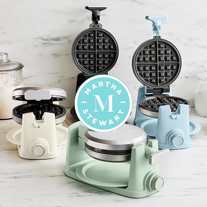 Martha Stewart Rotating Waffle Maker, 180° Flip Iron with PFAS-Free Nonstick Plates, Adjustable Timer, Ready Light, Drip Tray, Space Saving, Classic Round 7”, Easy to Clean, Stainless Steel, Caviar