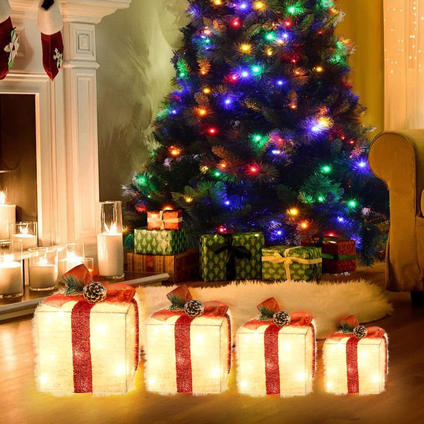 COVFEVER Christmas Lighted Gift Boxes Decorations Set of 4, 2.8Ft Stackable Christmas Nesting Boxes Battery Operated for Home and Party Decoration (8"-6"-5"-4", Red Bow)