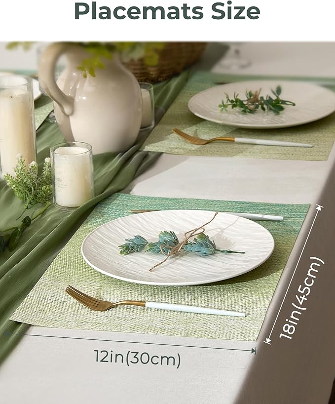 Leetaltree Gradient Green Woven Placemats Set of 4 - Heat Resistant Non-Slip Place mats for Dining Table, Washable Durable PVC Vinyl Woven Table Mats(Gradient Green, 4)