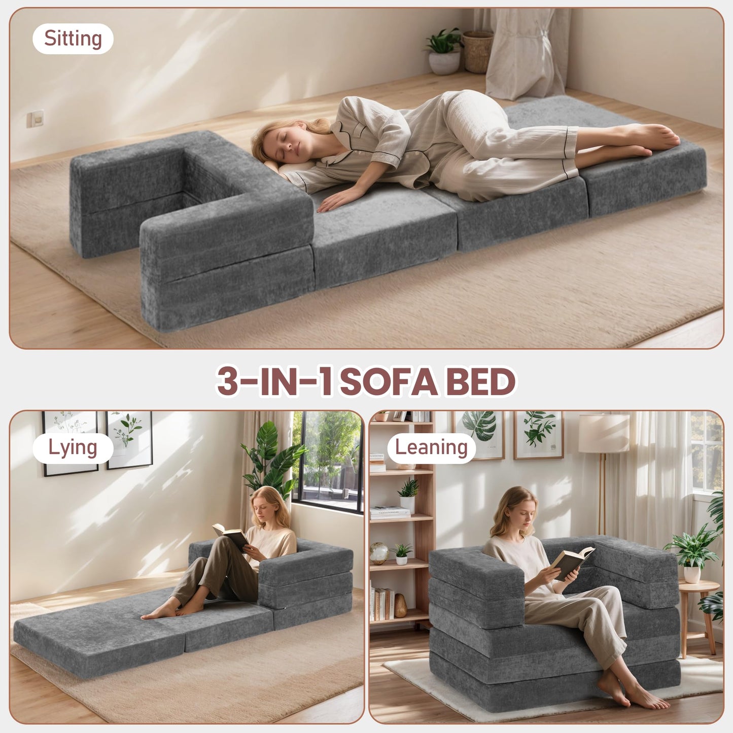 Decofy Folding Sofa Bed with Pillow and Armrest, Convertible Sleeper Sofa 3 in 1 Fold Out Chair Bed Futon Couch for Living Room, Dorm, Guest Room, Home, Office, Apartment