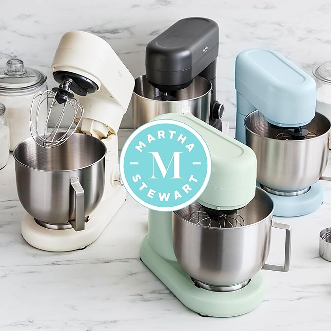 Martha Stewart  Tilt-Head Stand Mixer, 12 Speed, 5.3QT Stainless Steel Bowl, Splash Guard with Pour Chute, Whisk, Dough Hook, Flat Beater, Electric Kitchen Baking Mixer, Bread, Cake, Whip, Linen White