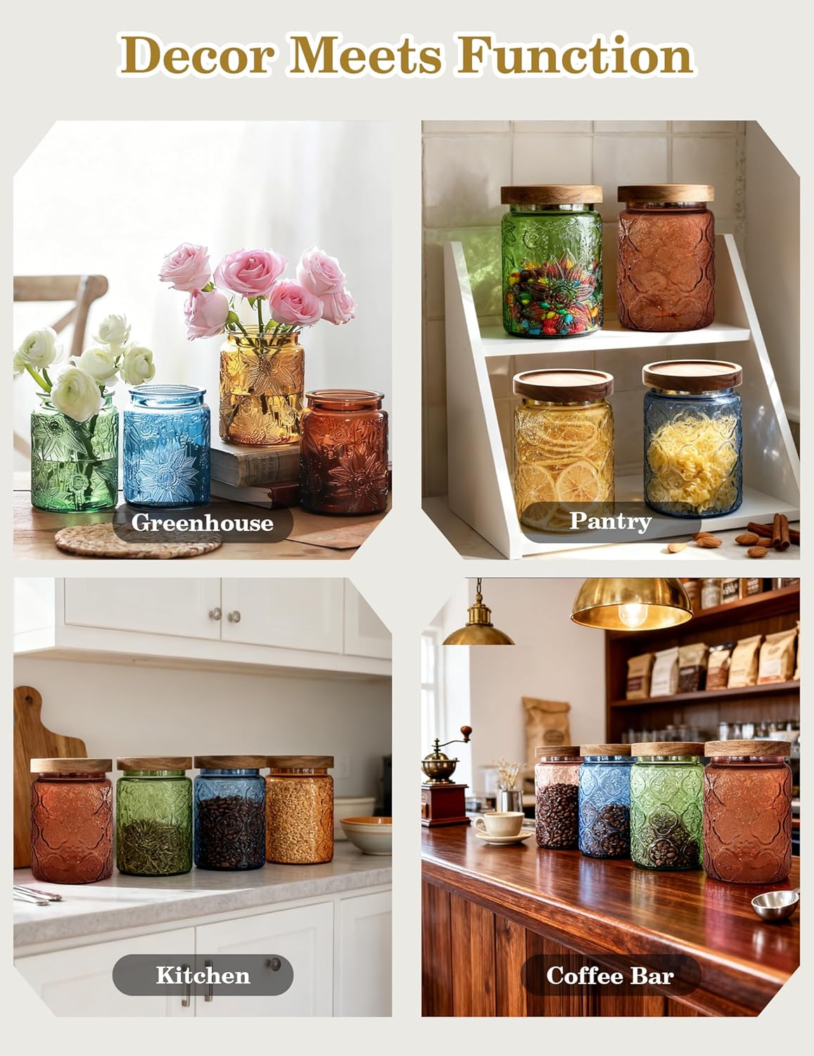 Glass Jar with Airtight Wood Lid – 24 OZ Kitchen and Pantry Canister, Decorative Vintage Storage Container for Candy, Coffee, Cookie, Cereal, Flour, Sugar, Tea, Blue Begonia