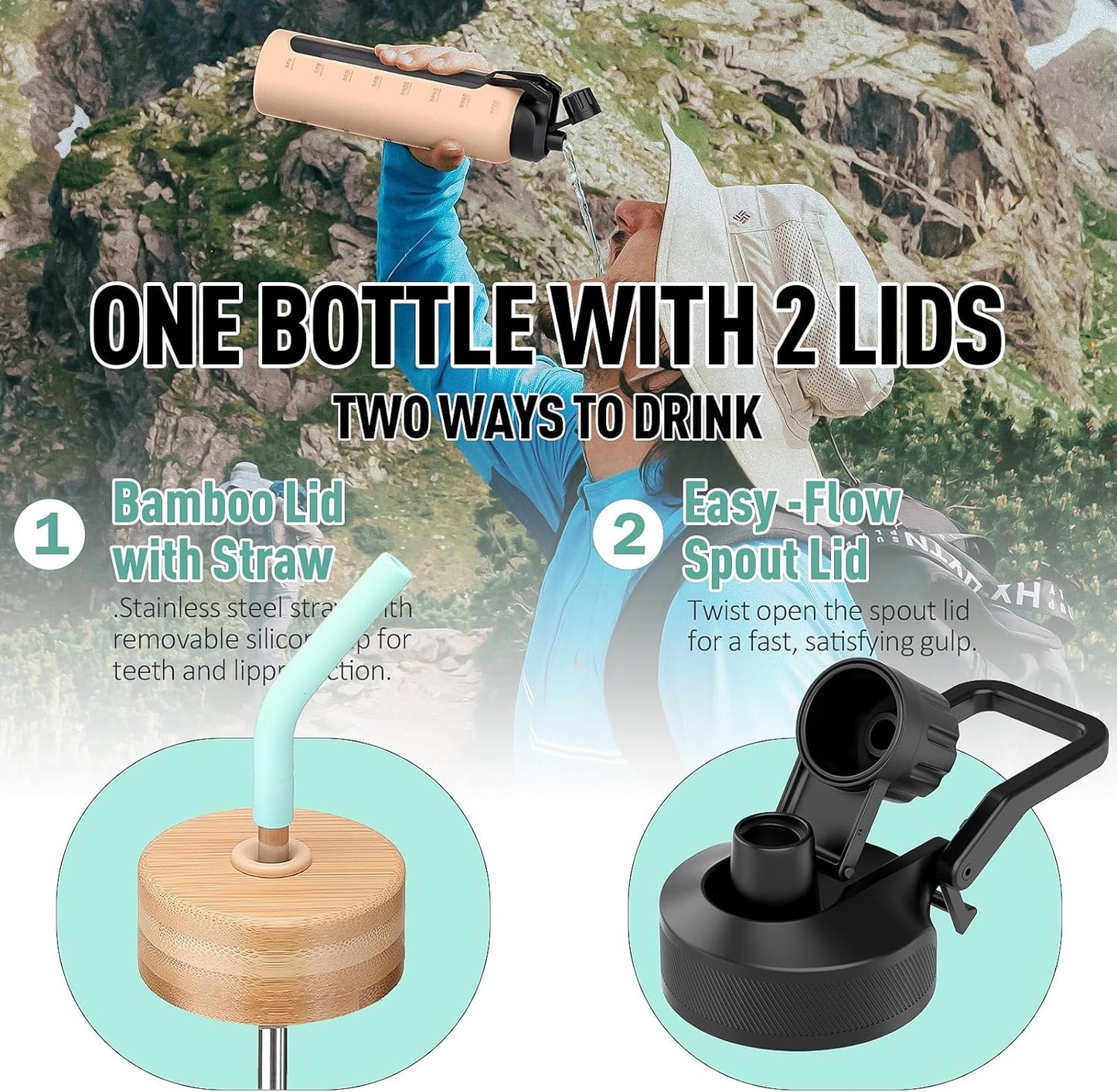 Glass Water Bottle with Straw, 24oz Glass Drinking Bottle with 2 Lids-Bamboo and Spout Lid with Phone Holder Handle for Gym Sports,with Silicone Sleeve and Time Marker,Mint Green