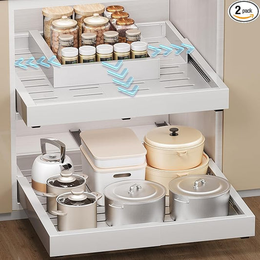 2 Pack Pull Out Cabinet Organizer, Slide Out Drawer Expandable Width (12"-19") and Depth (17"-23") With 3 Slides, Fixed with Adhesive Film or Nail for Cabinets in Kitchen, Pantry or Bathroom