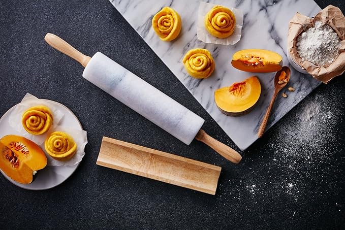 JEmarble Rolling Pin-Wooden Handles(White)(Premium Quality) Polished Surface 18-inch(10"Barrel) Genuine Stone Non-stick Save Effort Easy to Clean