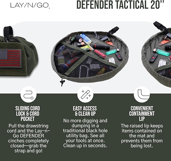 Lay-n-Go Defender Tactical Bag for Gear - Multifunctional Lay-Flat Military Tactical Travel Sack w/Zippered & Mesh Pockets - Water-Resistant, Machine-Washable Utility Tool Bag (20", Green)