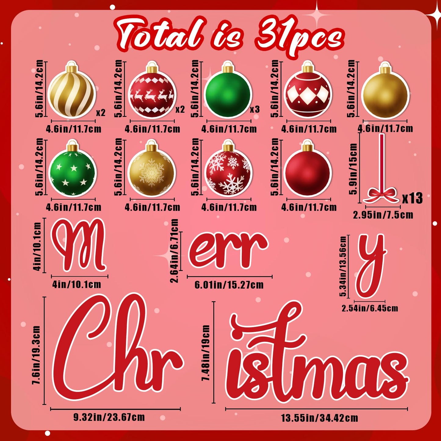 90shine 31PCS Luminous Christmas Garage Door Decorations Magnets - Magnetic Glow-in-The-Dark Merry Xmas Ball Holiday Refrigerator Fridge Cruise Kitchen Decor(Red Green Gold)