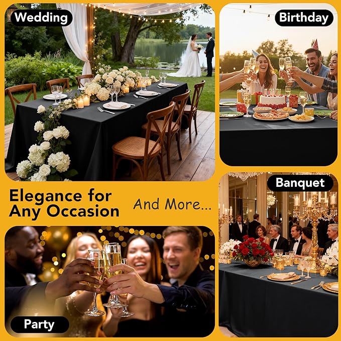 10-Pack Black Tablecloths for Rectangle Tables, 54 x 108 Inches, Stain-Resistant Polyester Fabric for 6 Foot Tables - Washable Table Covers for Weddings, Banquets, Birthday Parties, Events