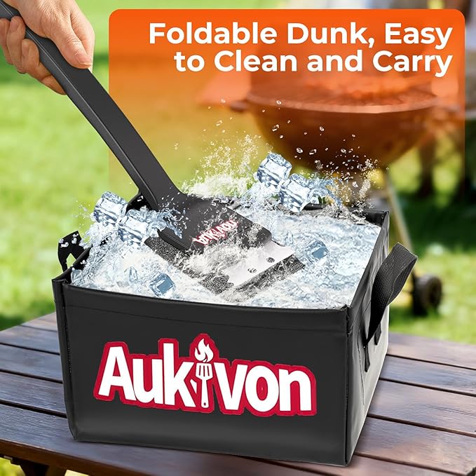 2PCS Upgraded Grill Brush for Outdoor Grill with Water Dunk Basin, Bristle Free, Steel Fiber Grill Brush for Cast Iron/Porcelain/Charcoal/Stainless Steel Grates, Gift for Men/Dad