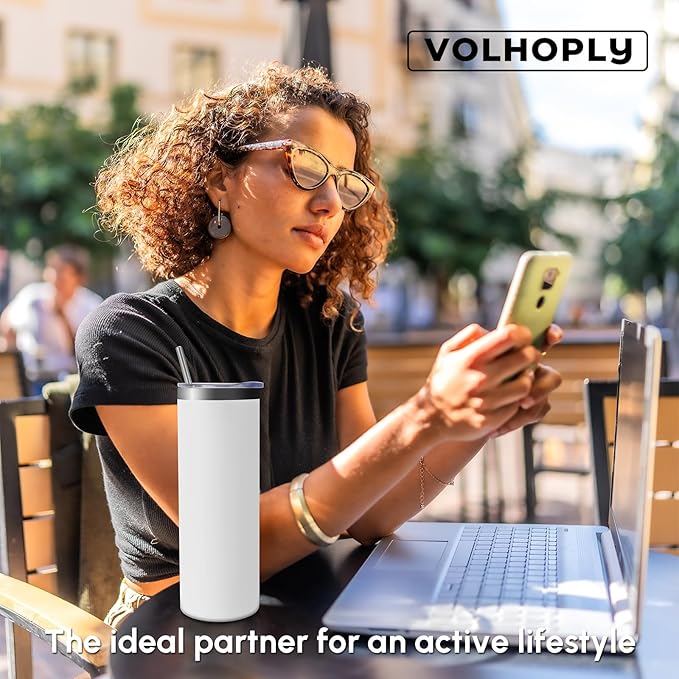 Volhoply 20 oz Skinny Tumbler with Lid and Straw, Stainless Steel Straight Tumblers Cup, Vacuum Insulated Coffee Mug for Home, Office, Travel, DIY (White,1 Pack)