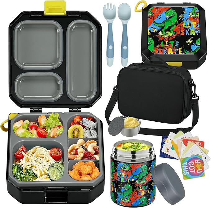wiwens Bento Lunch Box for Kids with 12oz Soup Thermo Leak-Proof Lunch Food Container with 5 Compartment Thermo Hot Food Jar and Insulated Lunch Bag for Kid Toddler Girls Boys to School