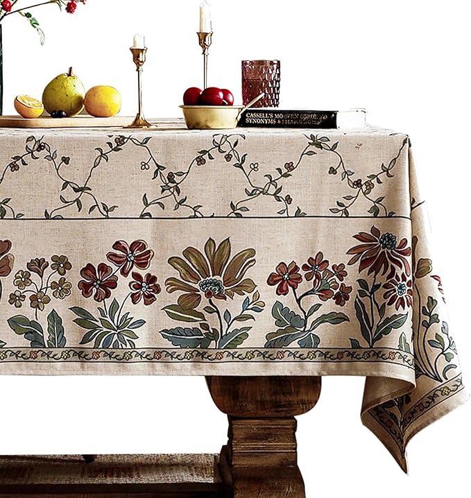 patdrea Designer Linen French Long Tablecloth for Rectangle Table,Fall Country Breathable Floral Tablecloths,Table Cover for Kitchen Dining,Tea Party,Christmas,Thanksgiving,63"x94"-Oliveirad