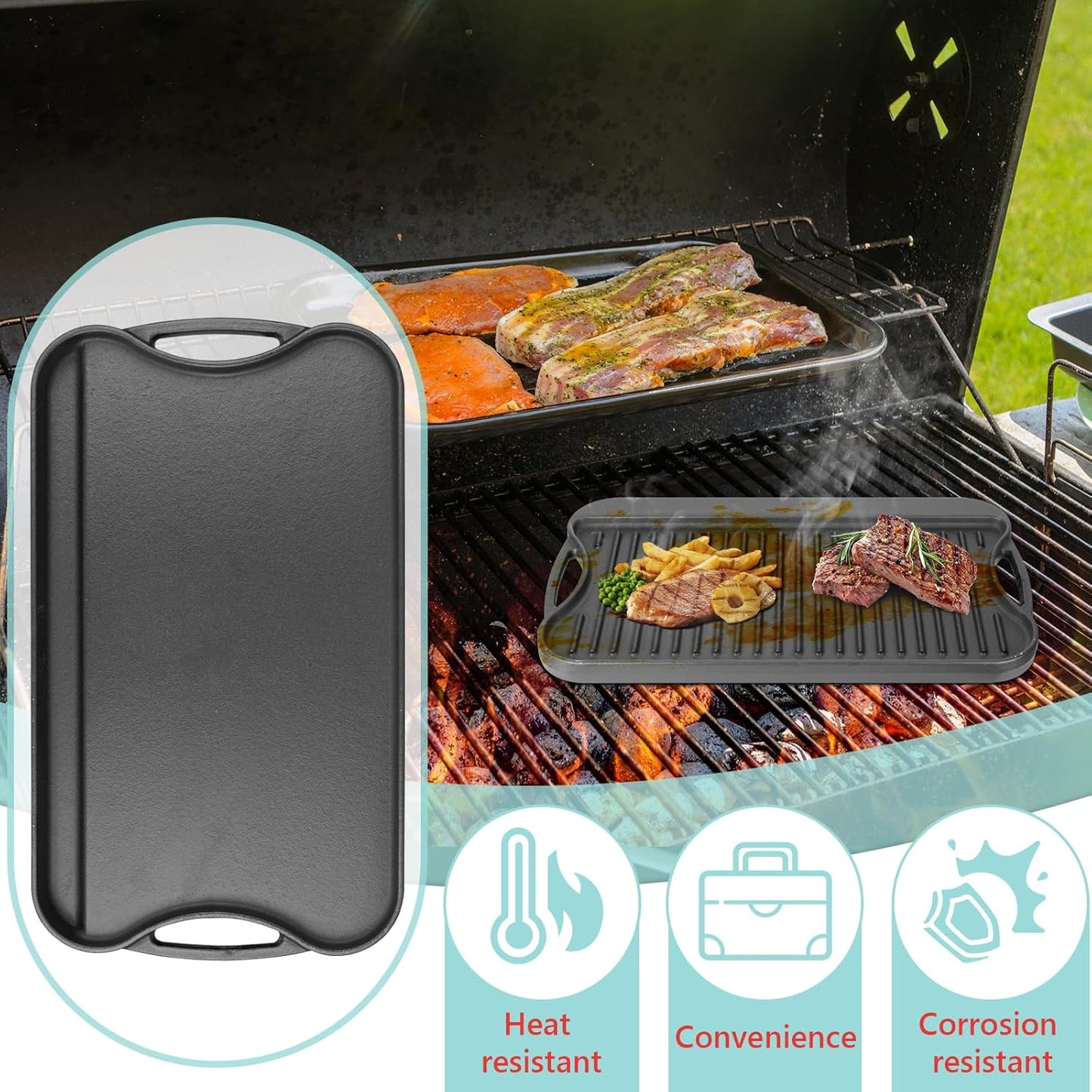 2 in 1 Reversible Cast Iron Griddle for Gas Grill, Flat Top Grill Pan for Gas Stove, Pre-Seasoned Oven Top pan,Upgrade Double Burner Griddle for Indoor & Outdoor Cooking Accessories, 17" X 10"