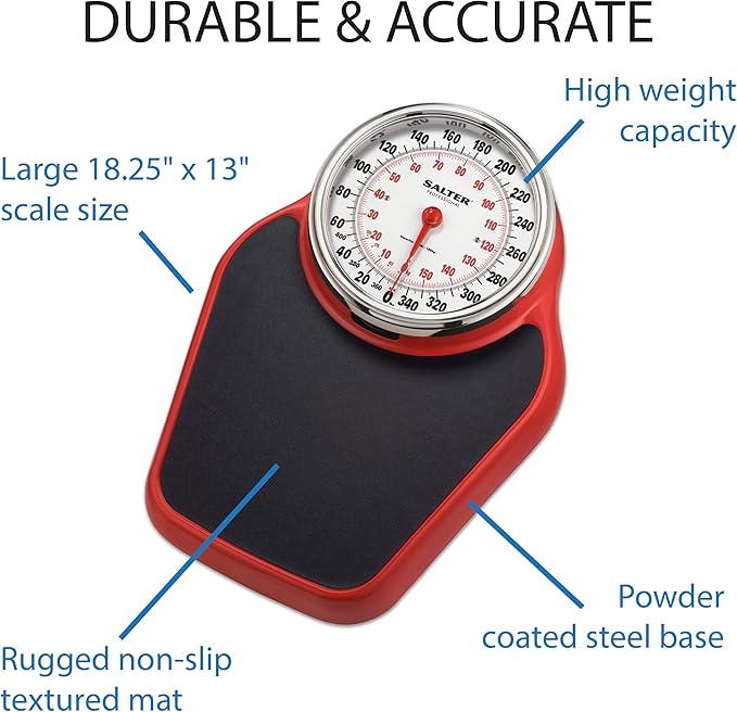 Salter Pro-Helix Professional Oversized Bathroom Scale with Black/Red powder-coated steel coated base, Anti-Slip Bath Mat, 400 LB Capacity, Analog Scale, 18.25 x 13.0 Inch, Black/Red