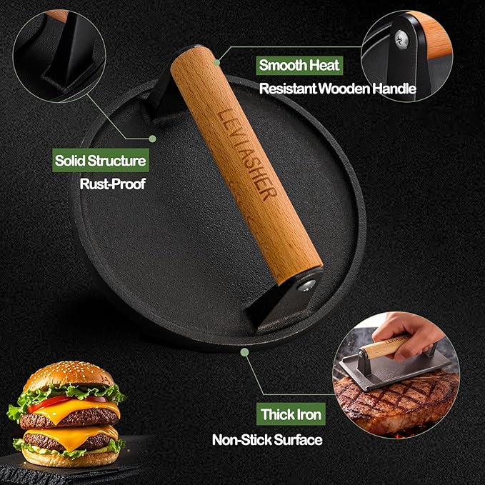 Heavy Duty Cast Iron Griddle Press, 2.2lb 6.7” Round Steak Weight Professional Cooking Press with Wood Handle for Smash Burgers, Sandwich, Bacon, Panini, Vegetables on BBQ, Grid-Patterned