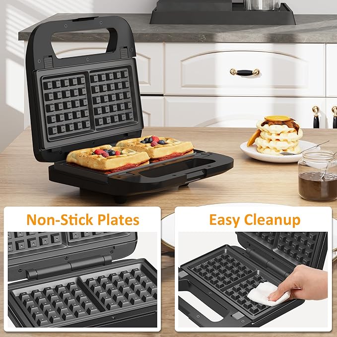Sunvivi 3 in 1 Waffle, Grill & Sandwich Maker, Sandwich Maker Panini Press Waffle Iron Set with Removable Non-Stick Plates & Indicator Lights, Grill and Sandwich Press for Breakfast, 750W, Black
