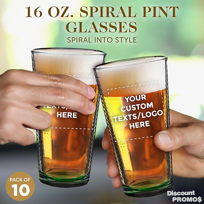 Custom Spiral Pint Glass 16 oz. Set of 10, Personalized Bulk Pack - Beer Glasses, Heavy Duty Drinkware - Green