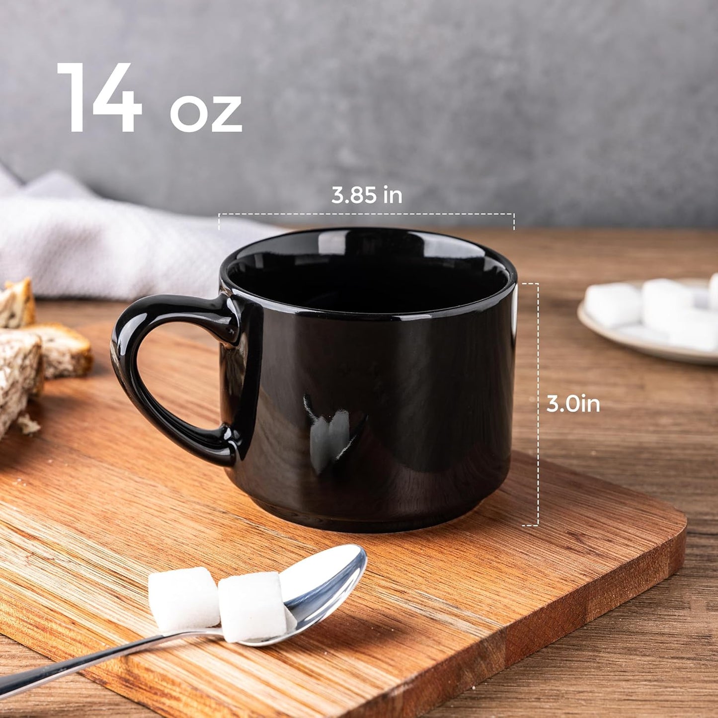 GBHOME 14 OZ Coffee Mugs Set of 6, Stackable Ceramic Mugs for Men, Women, Modern Coffee Cups for Latte,Tea, Cappuccino. Dishwasher & Microwave Safe, Black