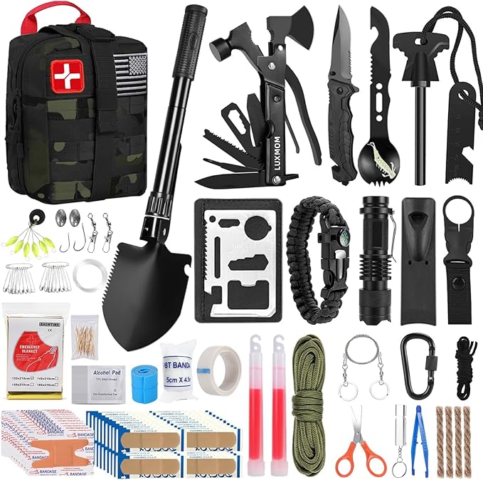 LUXMOM Survival Kit and First Aid Kit, 142Pcs Professional Survival Gear and Equipment with Molle Pouch, for Men Camping Outdoor Adventure/Gifts for Men Dad Christmas
