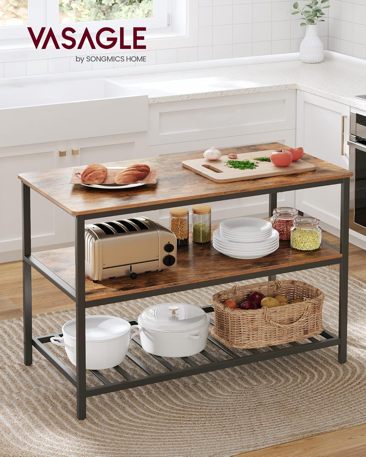 VASAGLE Kitchen Island with 3 Shelves, 47.2 Inches Width Kitchen Shelf with Large Worktop, Stable Steel Structure, Industrial, Easy to Assemble, Rustic Brown and Black UKKI01BX