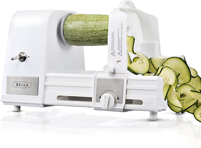 BELLA 4-in-1 Automatic Electric Spiralizer & Slicer, Quickly Prep Healthy Veggie or Fruit Spaghetti, Noodles or Ribbons, Easy To Clean, Recipe Book Included, White, 14641