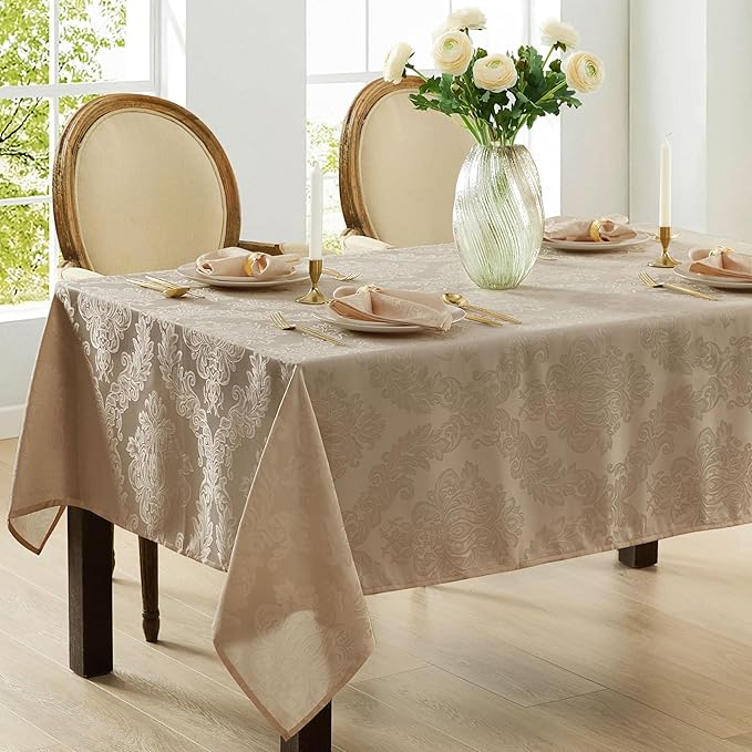 Newbridge Barcelona Luxury Damask Fabric Tablecloth, 70” Extra Wide x 144” Rectangle, Golden Beige, 100% Polyester, No Iron, Soil Resistant Dining Room, Party and Banquet Table Cover
