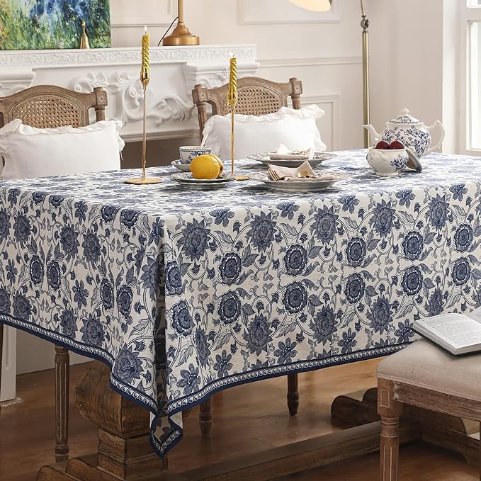 patdrea Designer Vintage Blue Long Rectangle Tablecloth,Linen Anti-Wrinkle Paisley Pattern Farmhouse Table Cloth,Decor Table Cover for Kitchen Dining,Christmas,Thanksgiving,63"x94"-Lantang a