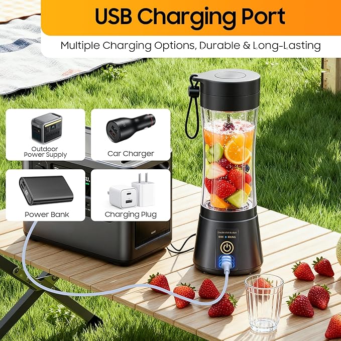 Portable Blender for Smoothies & Shakes - Cordless Personal Size Blender with 6 Blades, 380Ml Juice Cup, Lightweight & Rechargeable, Freshly Squeezed for Picnic/Sports/Office