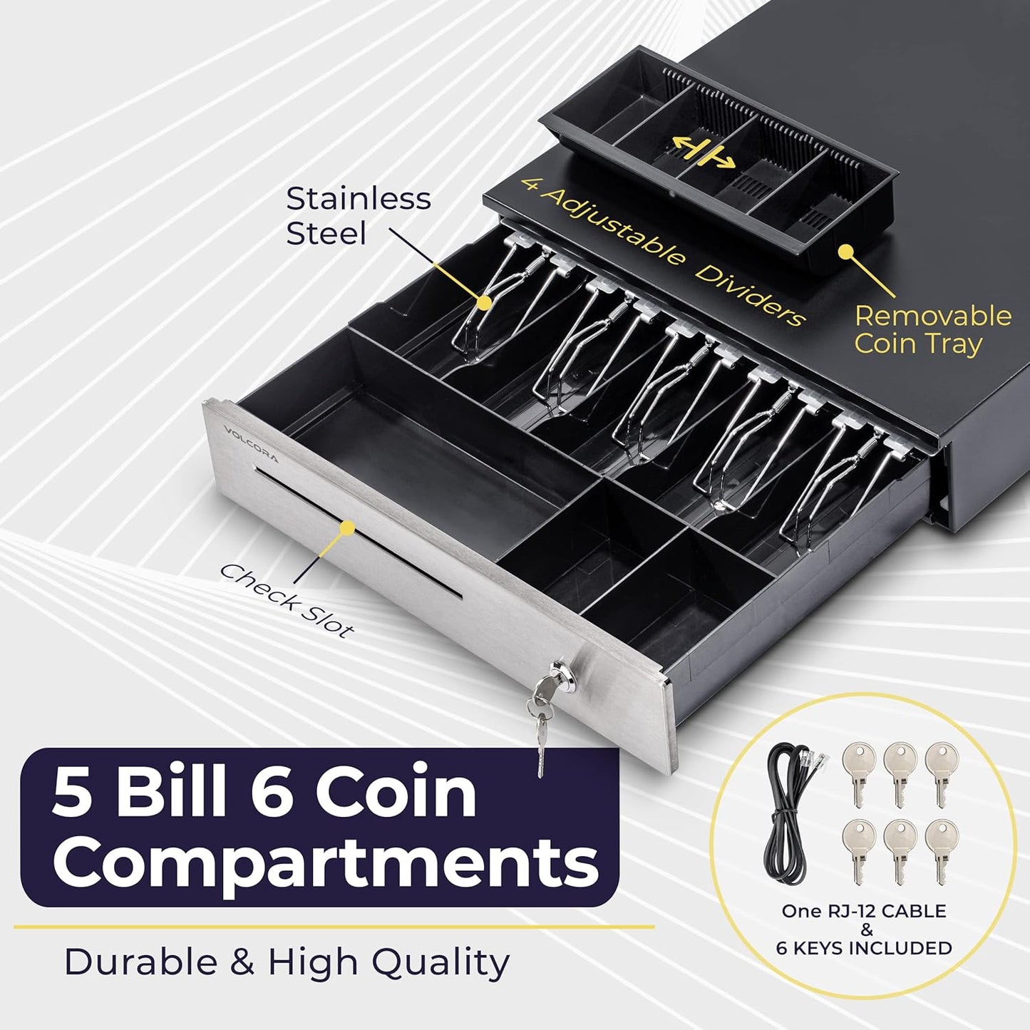 Volcora Cash Register Drawer for (POS) Point of Sale System 16", Stainless Steel Removable Coin Tray, 5 Bill/6 Coin, 24V, RJ11/RJ12 Key-Lock, Media Slot,Cash Till, Money Drawer for Businesses, Black