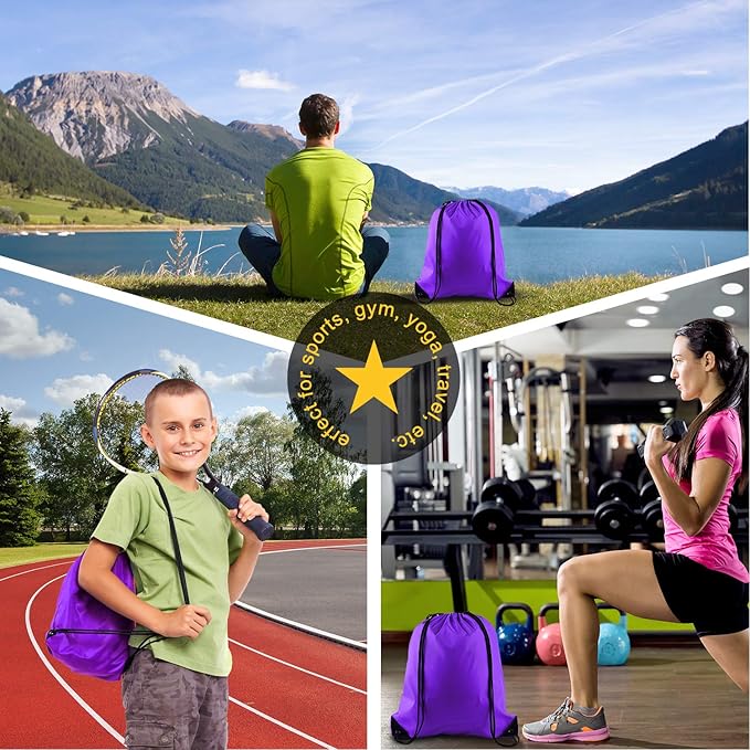 KUUQA 12 Pcs Drawstring Backpack Bags Sport Gym Sack Cinch Bags Bulk for School Traveling and Storage (Purple)