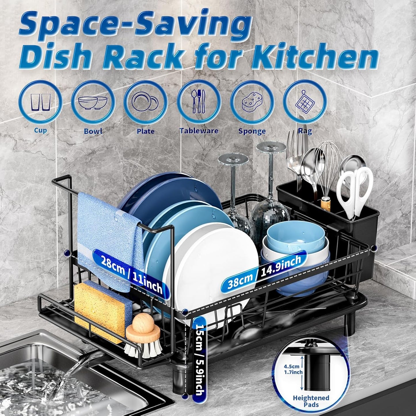 Dish Drying Rack, Compact Dish Racks for Kitchen Counter with Sponge Rack, Space-Saving Dish Drainer Drying Rack with Drainboard, Utensil Holder and and Automatic Drainage Drainboard, Black
