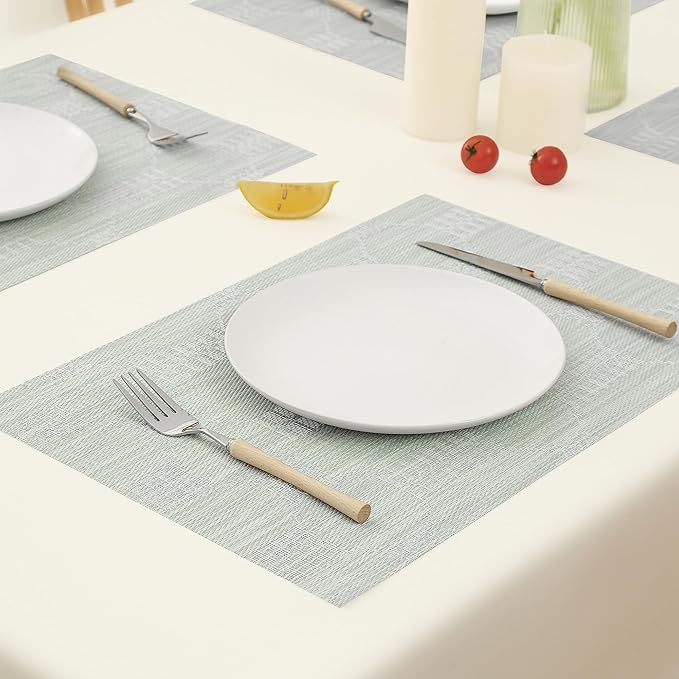 Leetaltree Mint Cream Placemats Set of 12 - Heat Resistant Non-Slip Place mats for Dining Table, Washable Durable PVC Vinyl Woven Table Mats（Mint Cream, 12）