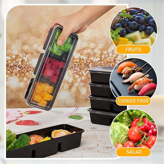Hushee 10 Pack 17 oz Small Meal Prep Containers with 3 Compartments Snack Containers with Lid Disposable Plastic Bento Box Travel Lunch Food Boxes Stackable for Office Picnic (Black)